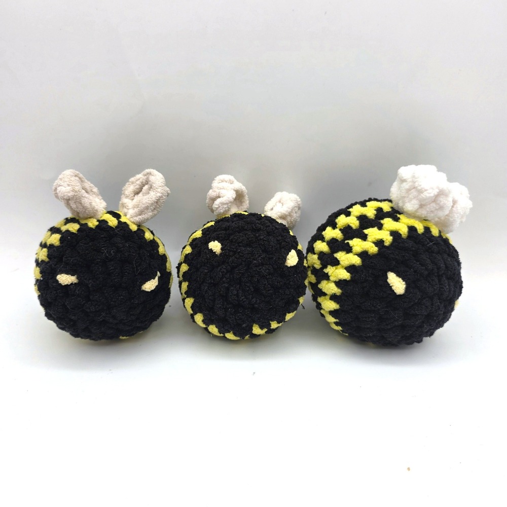 Handmade Crochet Bumble Bee Plush Black Yellow White Stuffed Toy Set of 3 Kids